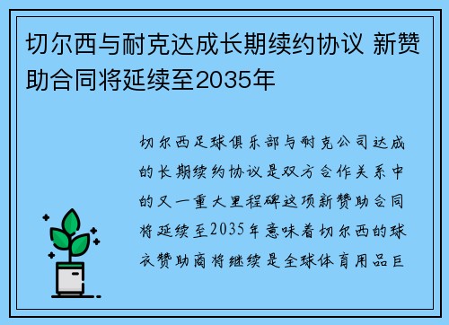 切尔西与耐克达成长期续约协议 新赞助合同将延续至2035年 切尔西与耐克达成长期续约协议 新赞助合同将延续至2035年